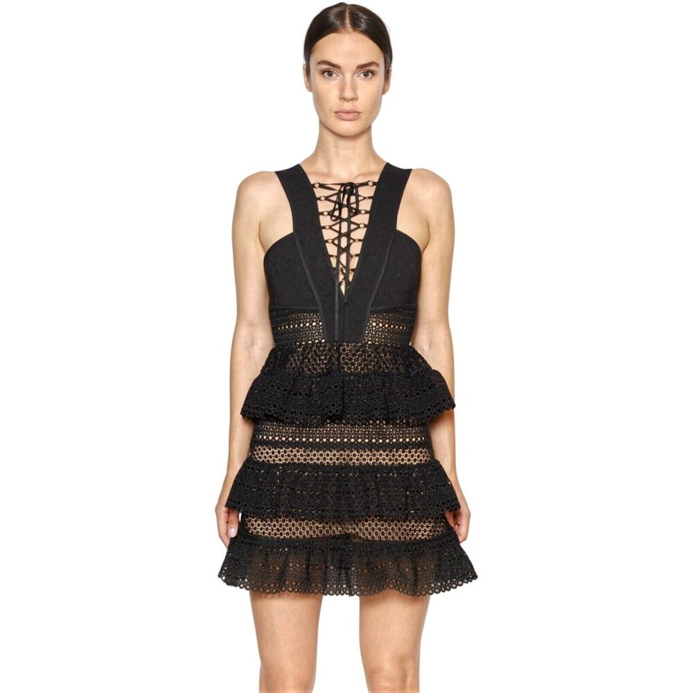 Self-Portrait Black Deep V Lace Up Tiered Lace Mini Dress Size US 2
